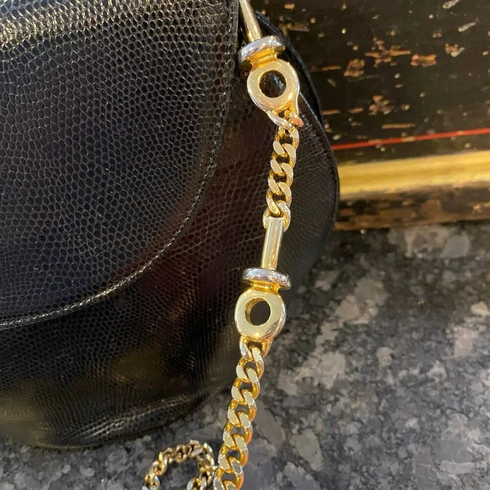 vintage Rodo Italy Black Lizard-Embossed Leather Half-Moon Crossbody Bag